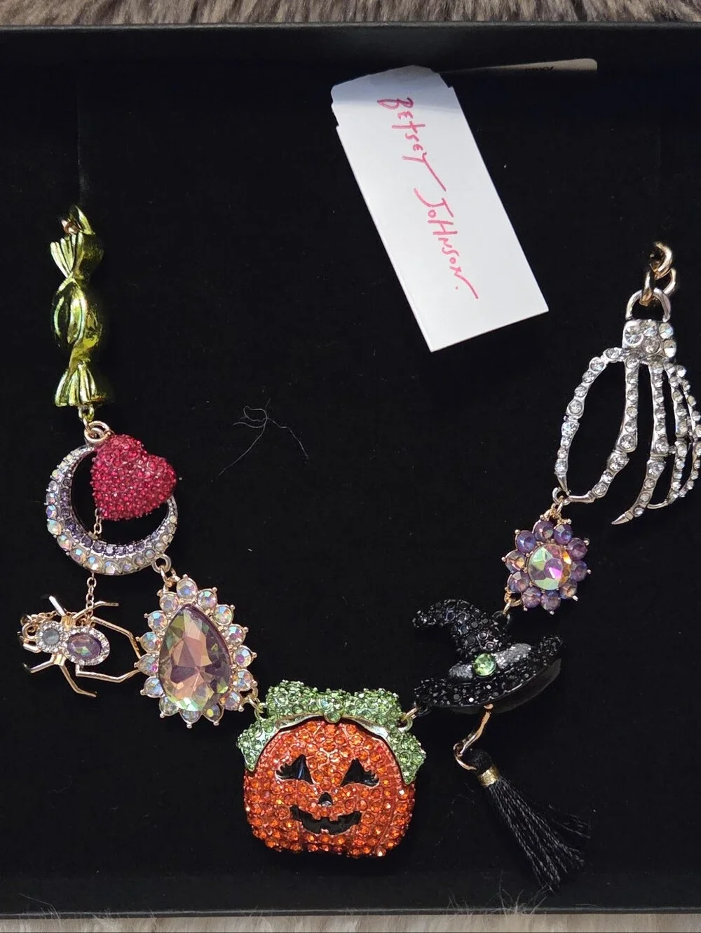 Betsey Johnson Halloween Pumpkin Witch Hat Moon Heart  Rhinestone Necklace NWT